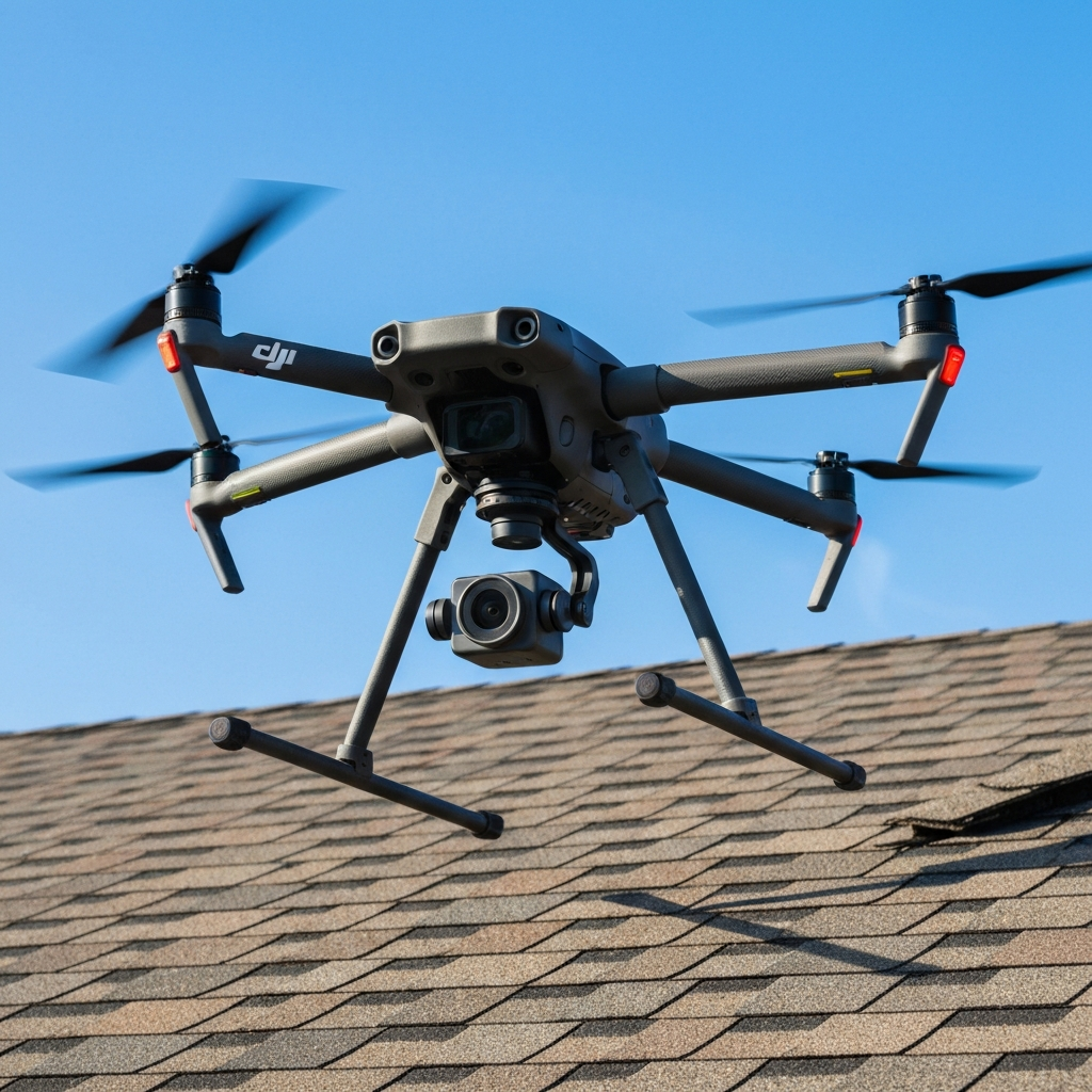 Drone capturing high-resolution roof images from above